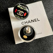 CHANEL 26S DOUBLE C LOGO MULTICOLOR CRYSTAL DOME STUD EARRINGS IN BLACK ENAMEL & GOLD METAL 630064