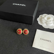 CHANEL 26S DOUBLE C LOGO ROUND STUD EARRINGS IN RED ENAMEL WITH GOLD CHAIN DETAIL 631909