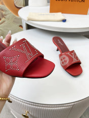 HIGH MULE IN RUBY RED LAMBSKIN WITH RHINSTONES 55 MM