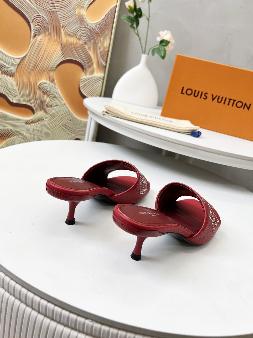 HIGH MULE IN RUBY RED LAMBSKIN WITH RHINSTONES 55 MM