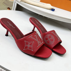 HIGH MULE IN RUBY RED LAMBSKIN WITH RHINSTONES 55 MM