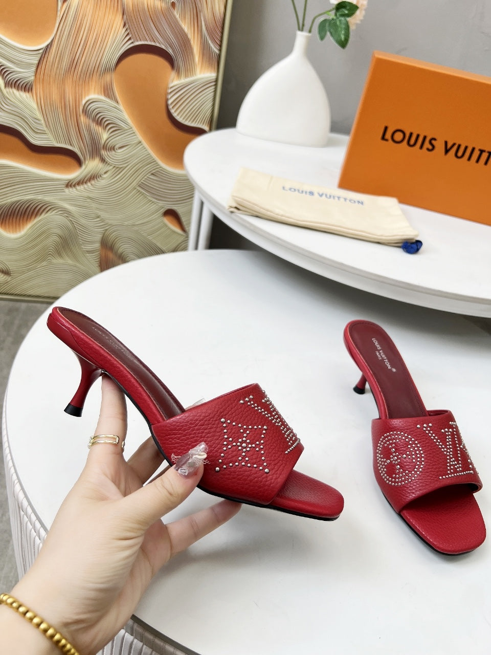 HIGH MULE IN RUBY RED LAMBSKIN WITH RHINSTONES 55 MM