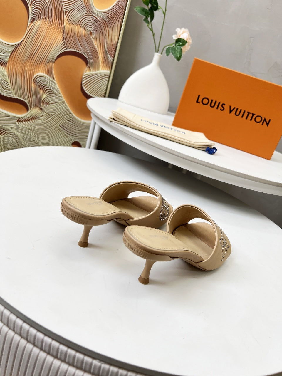 HIGH MULE IN CAMEL BEIGE LAMBSKIN WITH RHINSTONES 55 MM