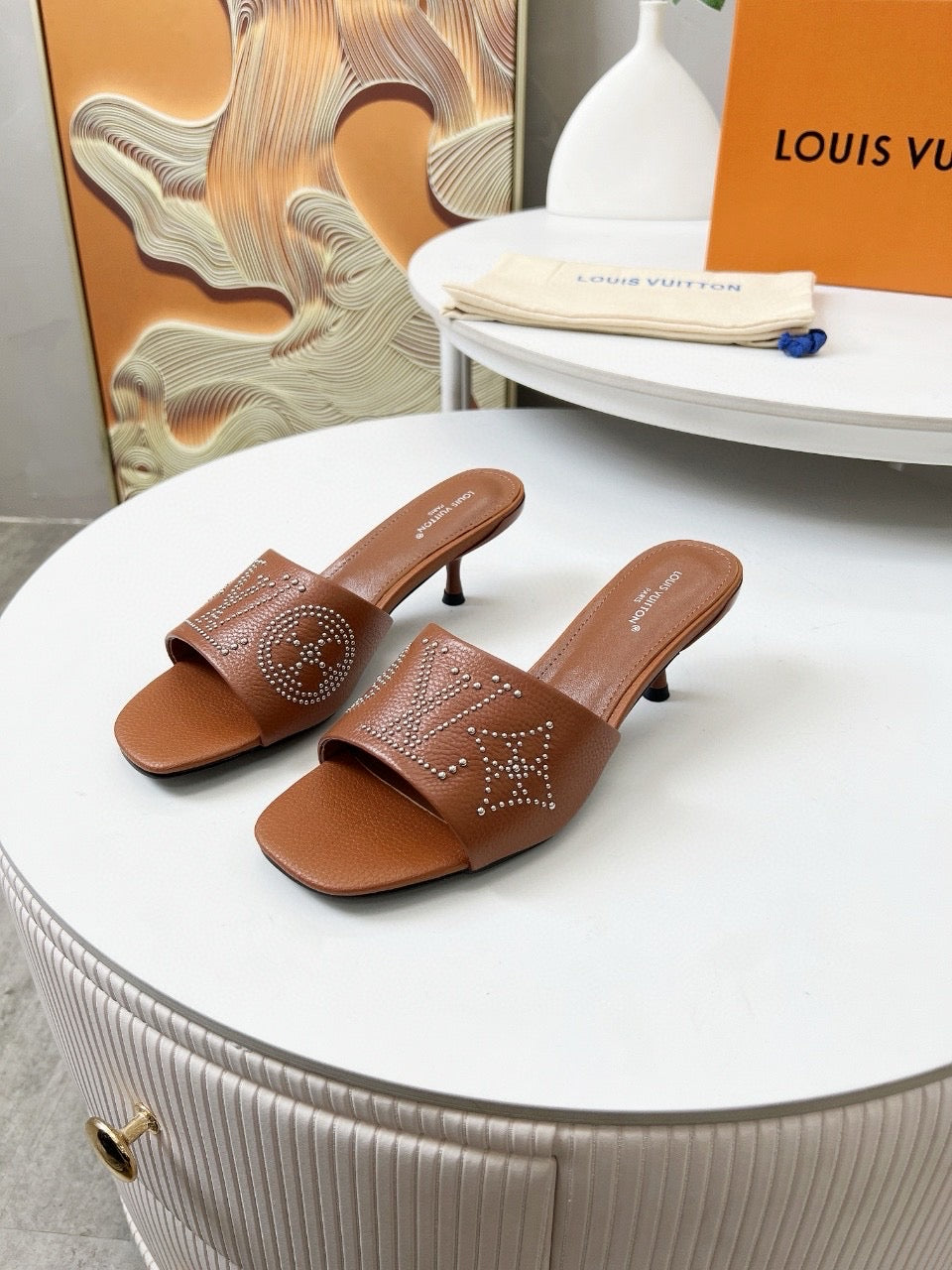 HIGH MULE IN BRONZE BROWN LAMBSKIN WITH RHINSTONES 55 MM