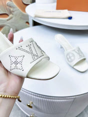 HIGH MULE IN WHITE LAMBSKIN WITH RHINSTONES 55 MM