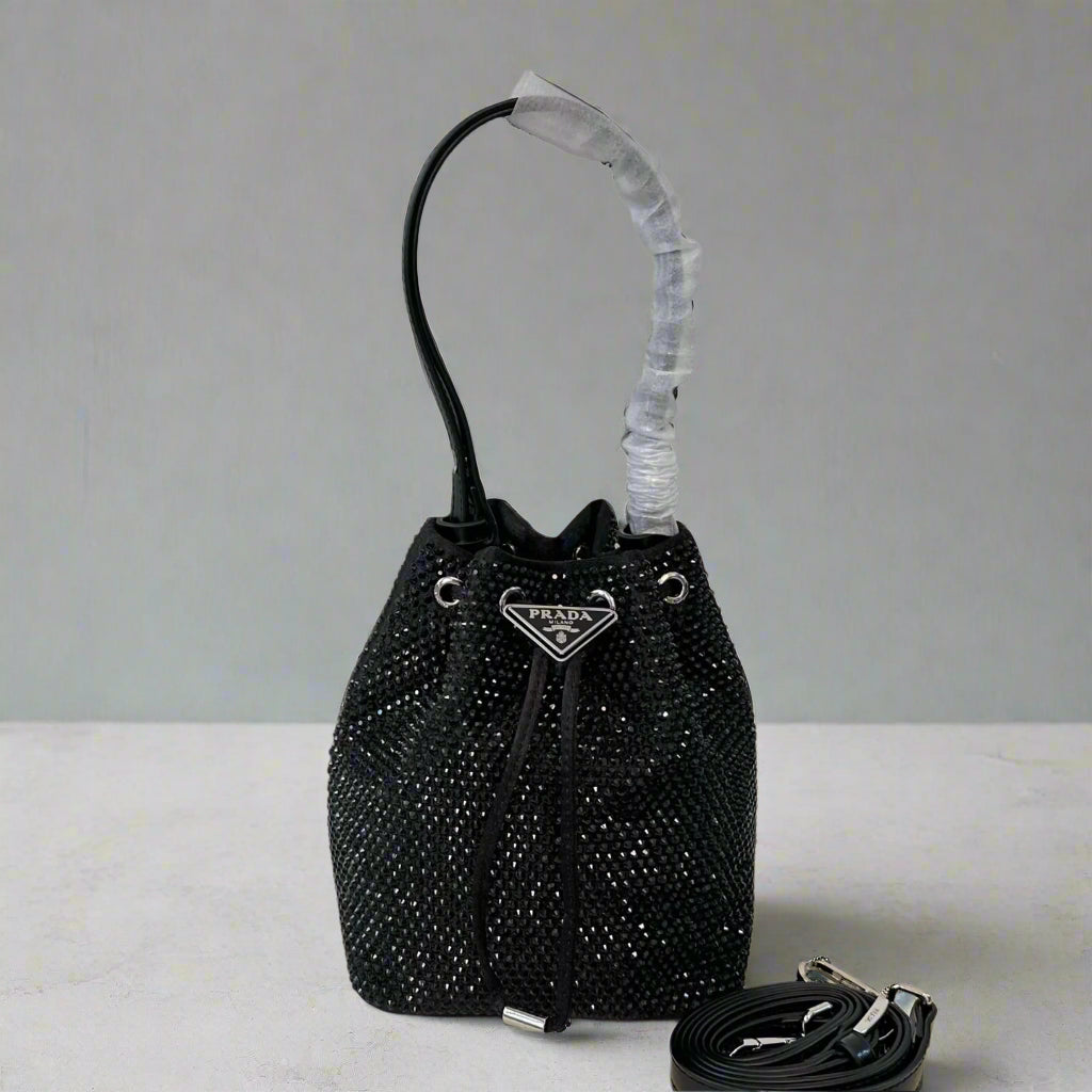STUDDED BUCKET BAG 19 IN BLACK RE-NYLON MIX CALFSKIN