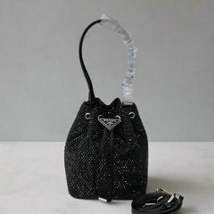 STUDDED BUCKET BAG 19 IN BLACK RE-NYLON MIX CALFSKIN