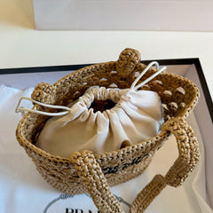 CROCHET BUCKET BAG 32 IN BROWN WOVEN RAFFIA EMBROIDED LOGO