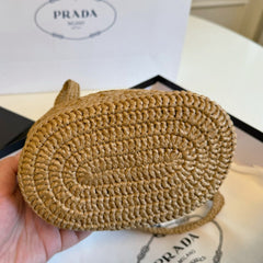 CROCHET BUCKET BAG 32 IN BROWN WOVEN RAFFIA EMBROIDED LOGO