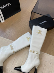 KNEE HIGH BOOTS IN WHITE MIX BLACK CALFSKIN