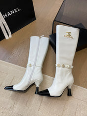 KNEE HIGH BOOTS IN WHITE MIX BLACK CALFSKIN