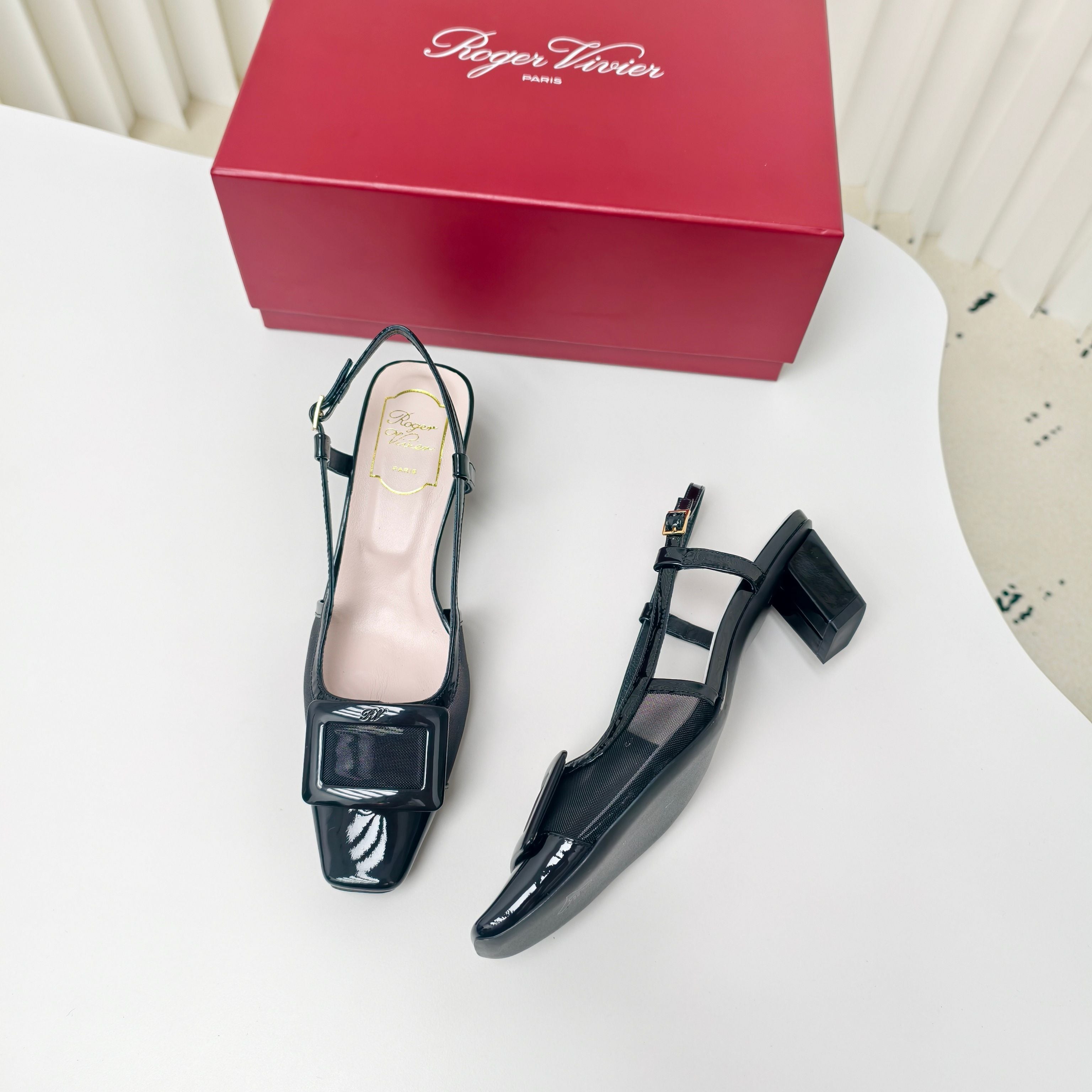 ROGER VIVIER 25S BELLE VIVIER SLINGBACK PUMPS 45MM IN BLACK MESH FABRIC