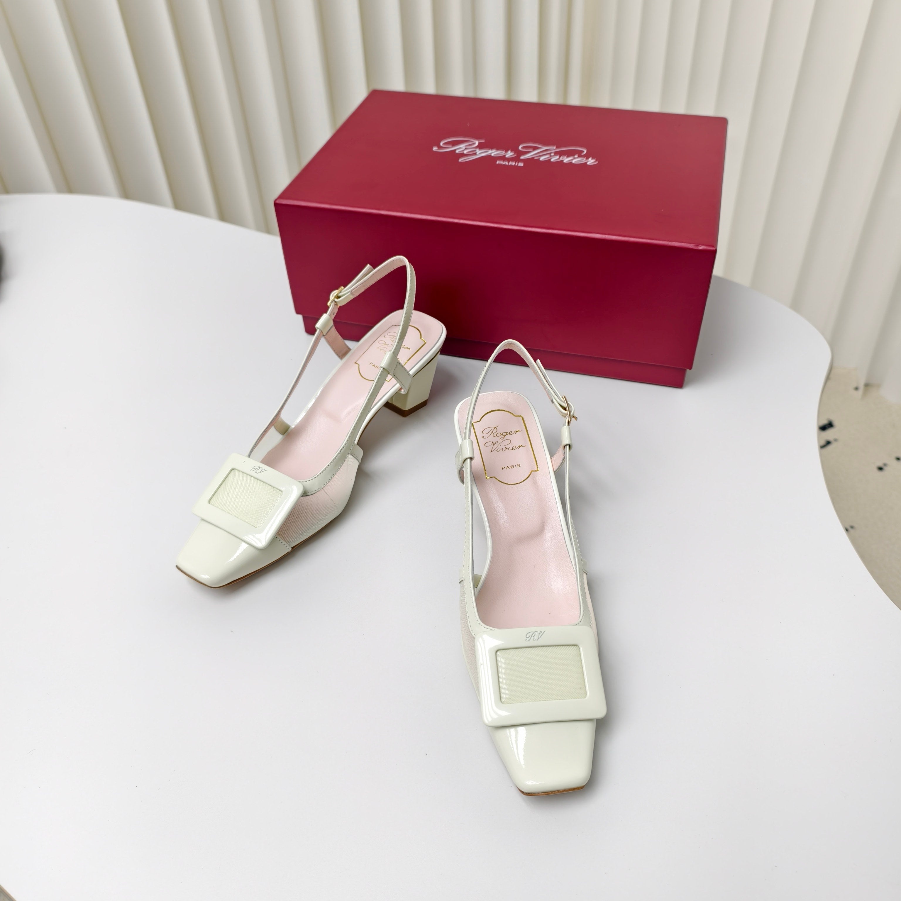 ROGER VIVIER 25S BELLE VIVIER SLINGBACK PUMPS 45MM IN LIGHT SAGE MESH FABRIC