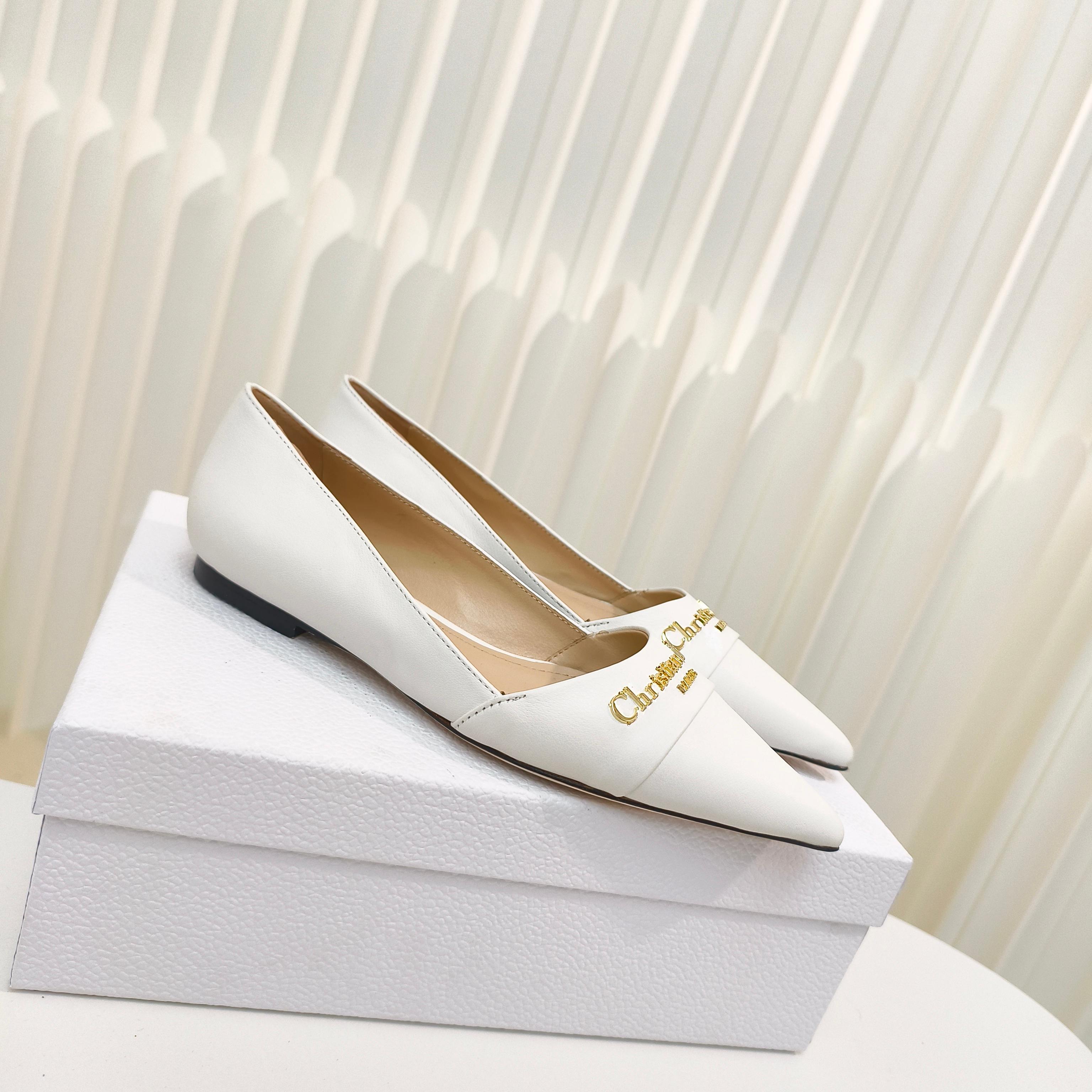 DIOR POINTED BALLET FLATS 25S IN WHITE CALFSKIN WITH GOLD HARDWARE