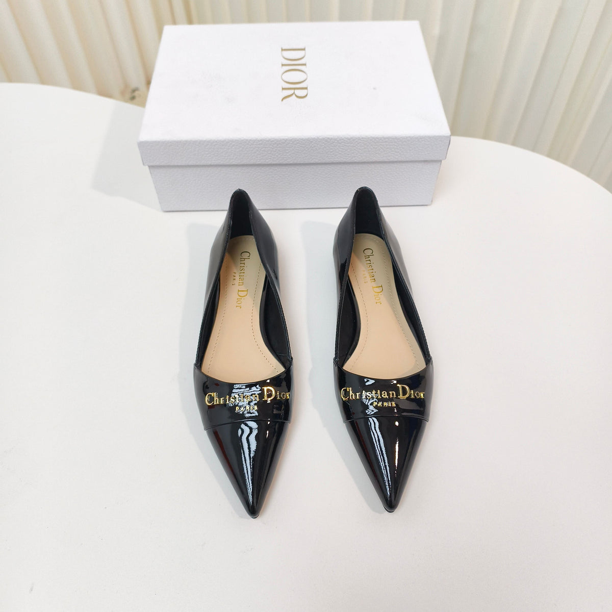 DIOR POINTED BALLET FLATS 25S IN BLACK GLOSSY LEATHER WITH GOLD HARDWARE