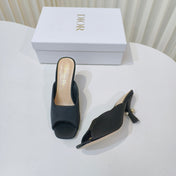 DIOR EMBELLISHED HIGH HEEL SLIDES 25S IN BLACK SATIN
