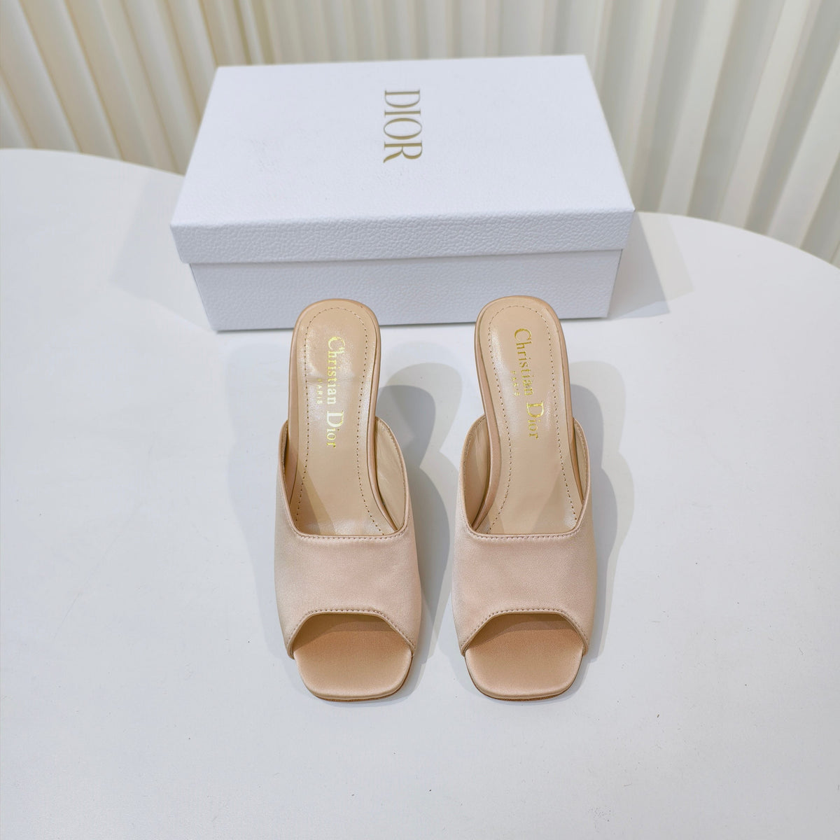 DIOR EMBELLISHED HIGH HEEL SLIDES 25S IN LIGHT BEIGE SATIN