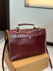 STUDDED BRIEFCASE 34 IN BURGUNDY RED SHINY SMOOTH CALFSKIN