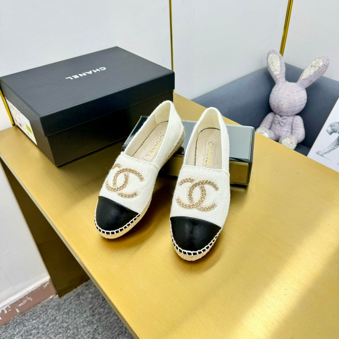 CC ESPADRILLES PLATFORM 25S IN WHITE KNITTED WOOL AND BLACK LAMBSKIN