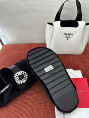 SLIDY VIV' MULES IN BLACK WOOL WITH STRASS BUCKLE