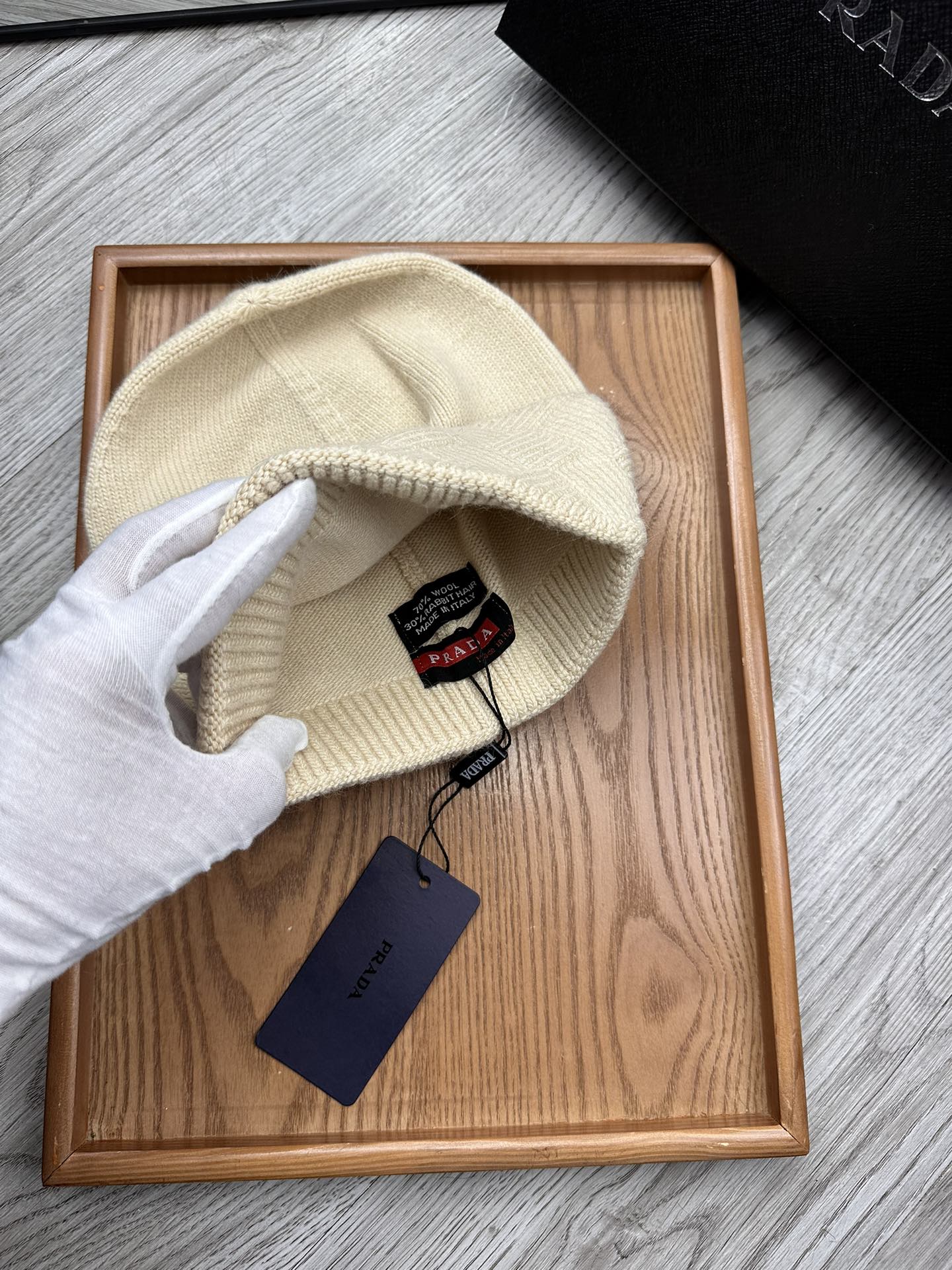 BEANIE HAT IN BISQUE BEIGE WOOL AND RABBIT FUR 436397