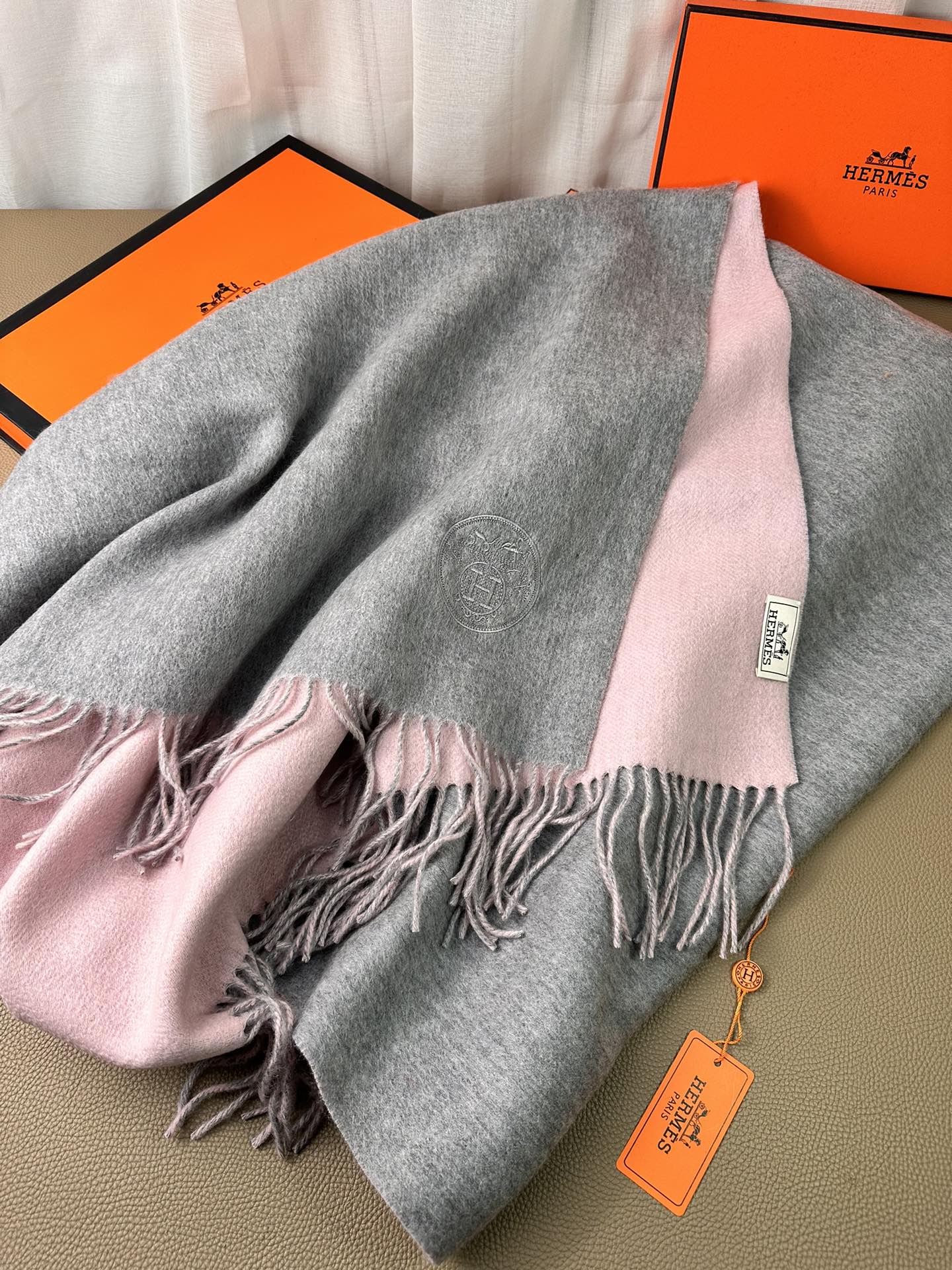 DOUBLE-FACE SCARF 200 CM IN LIGHT PINK AND GREY CASHMERE