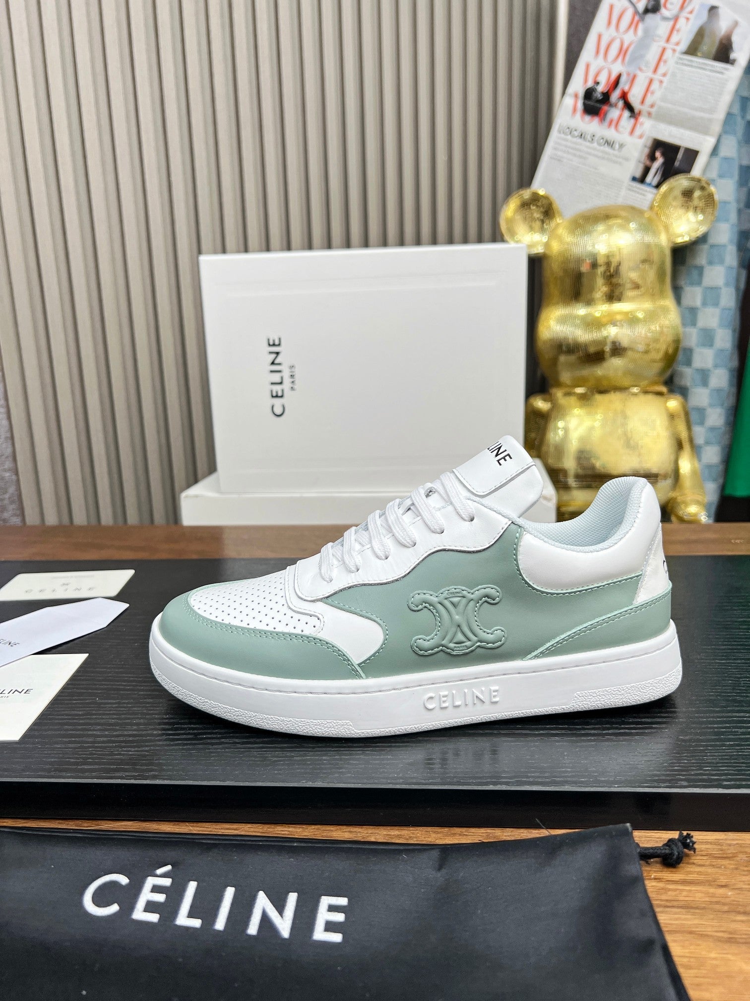 SNEAKER WITH TRIOMPHE IN WHITE MIX PEWTER GREEN CALFSKIN