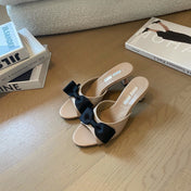 Nude Beige High - Heels With Black Bow Calfskin
