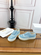 DIOR 26S LOW TOP SNEAKERS IN LIGHT BLUE CANVAS WITH WHITE LACE TRIM & LOGO PRINT
