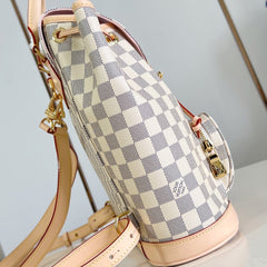 MONTSOURIS BACKPACK PM 30 IN WHITE GREY CHECKERBOARD PATTERN DAMIER AZUR COATED CANVAS