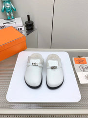 SLIP-ON MULE IN WHITE CALFSKIN AND SHEARLING LINING