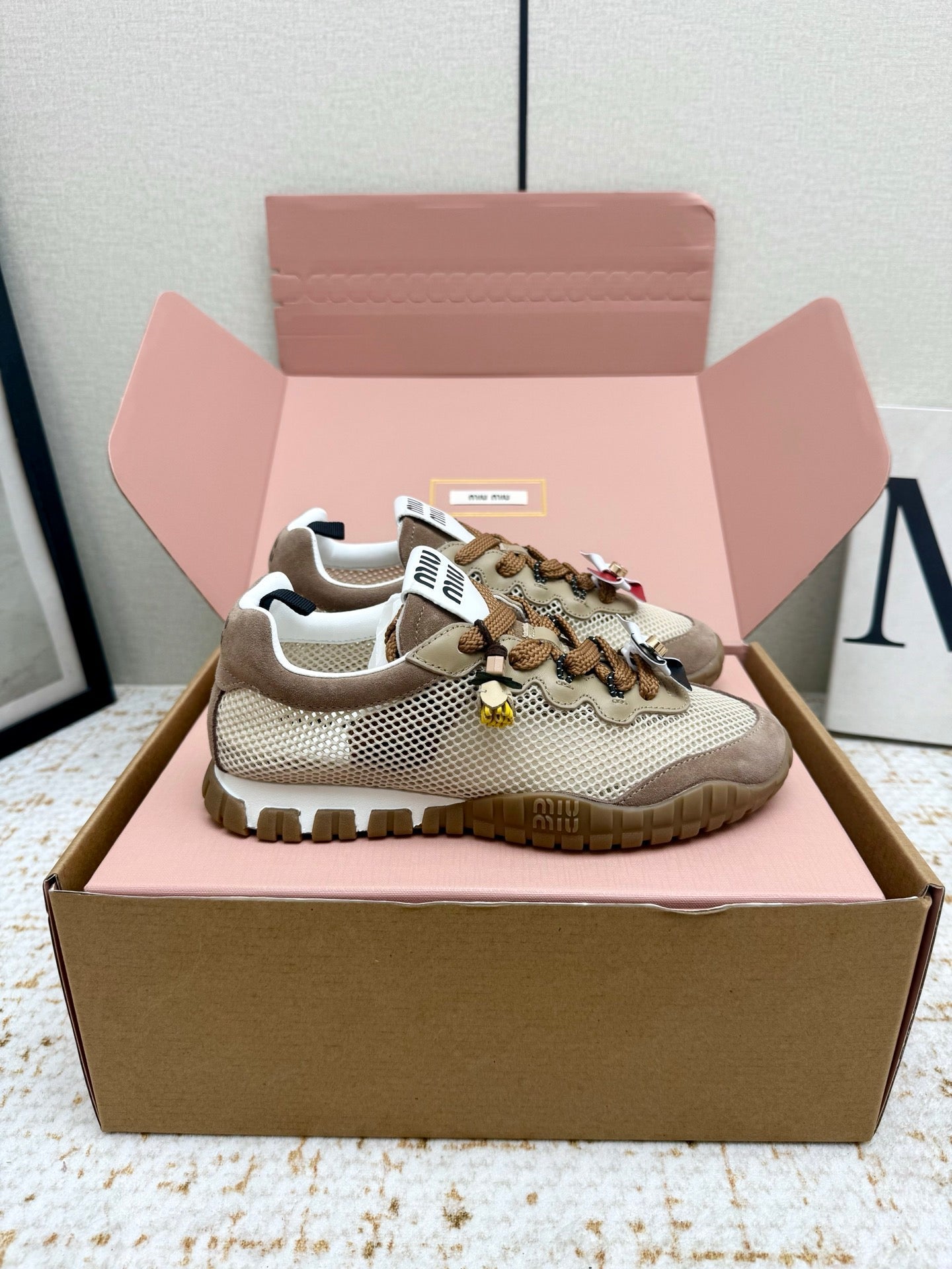 MIUMIU 26S CHARM SNEAKERS IN BROWN SUEDE AND WHITE MESH