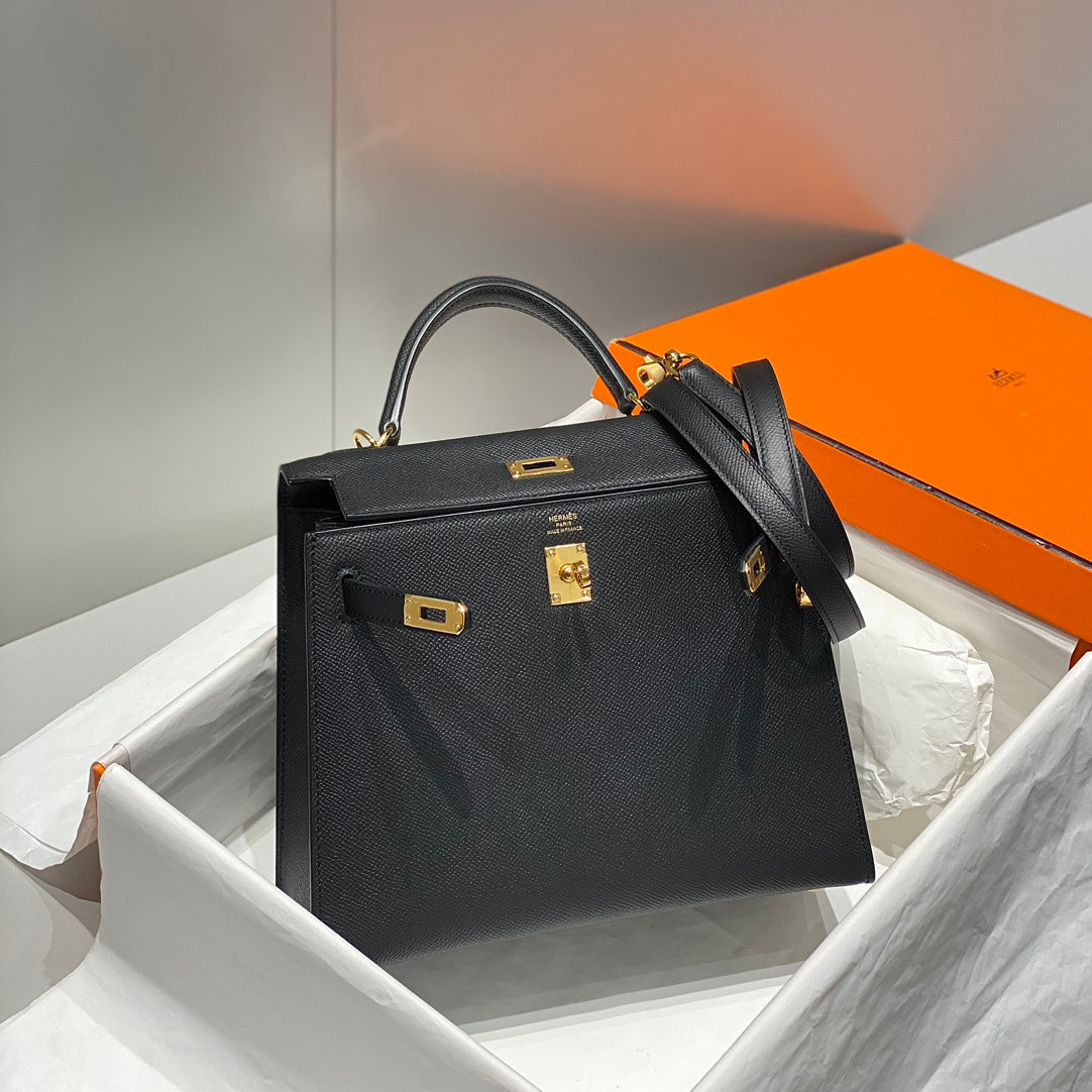 KELLY 25CM IN NOIR EPSOM CALFSKIN GOLD HARDWARE