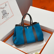 GARDEN PARTY 30CM IN BLUE TOILETS COTTON CANVAS AND BLACK CALFSKIN