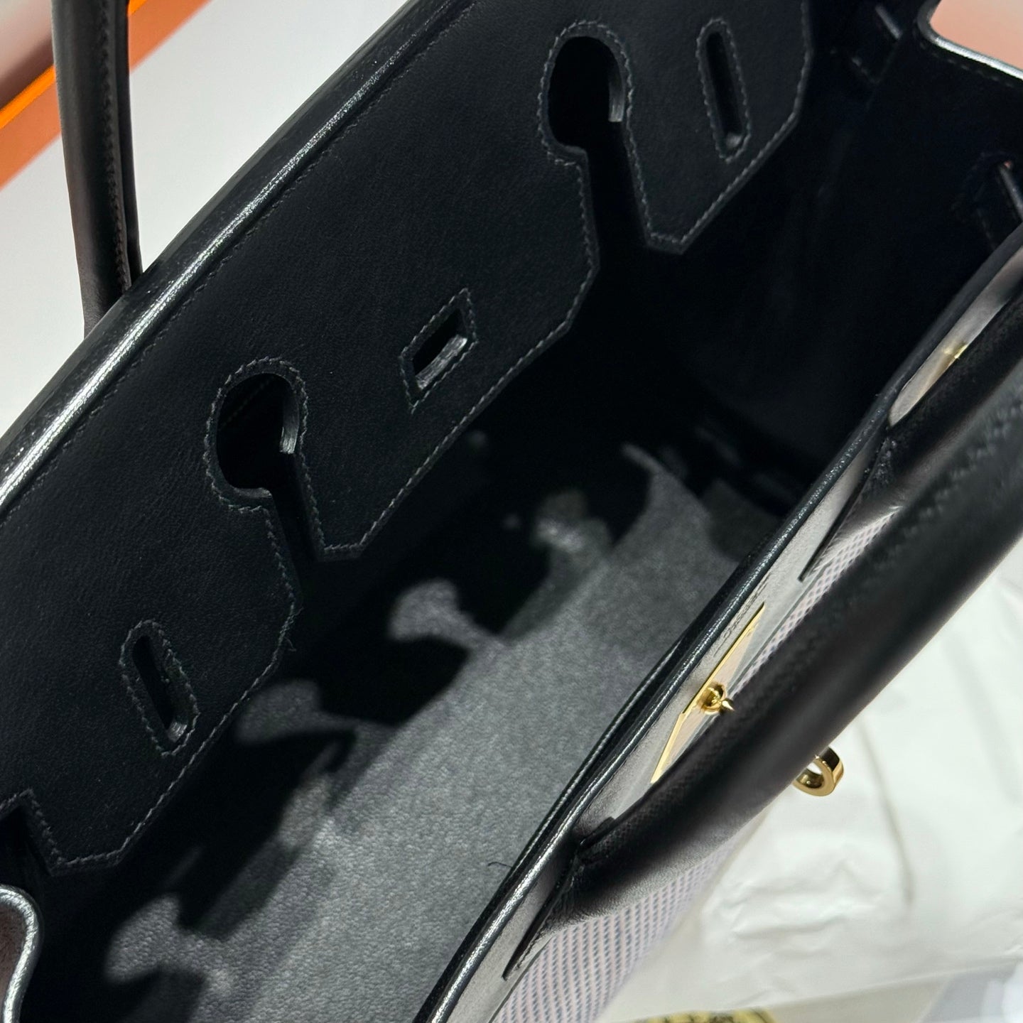 QUADRILLE BIRKIN 30CM IN BLACK SWIFT CALFSKIN WHITE BLUE PINK PLAID TOILE CANVAS