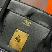 QUADRILLE BIRKIN 30CM IN BLACK SWIFT CALFSKIN WHITE BLUE PINK PLAID TOILE CANVAS