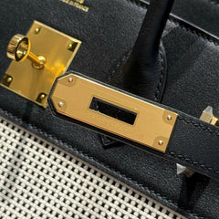 QUADRILLE BIRKIN 30CM IN BLACK SWIFT CALFSKIN WHITE BLACK PLAID TOILE CANVAS