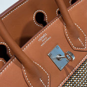 QUADRILLE BIRKIN 25CM IN GOLD SWIFT CALFSKIN AND BLACK/WHITE/BROWN TOILE CANVAS