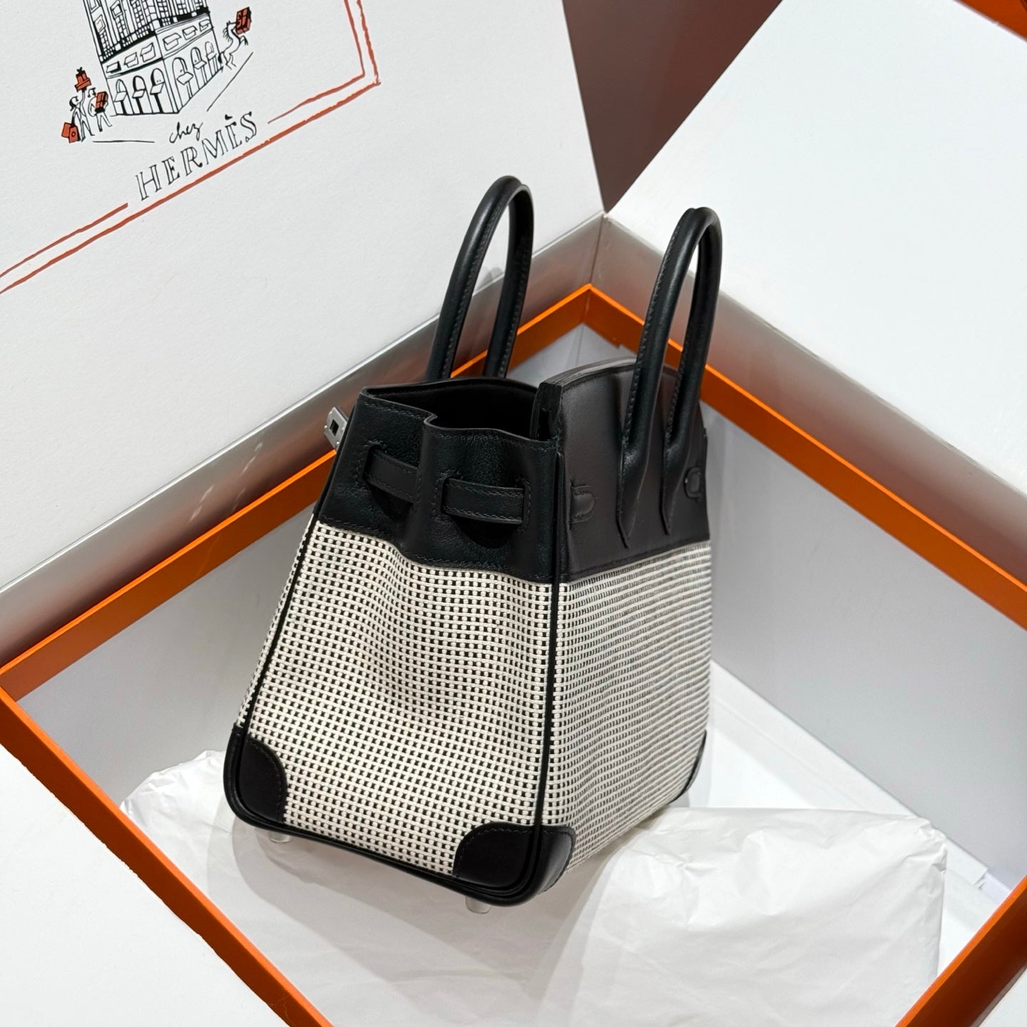 QUADRILLE BIRKIN 25CM IN BLACK SWIFT CALFSKIN WHITE BLACK PLAID TOILE CANVAS