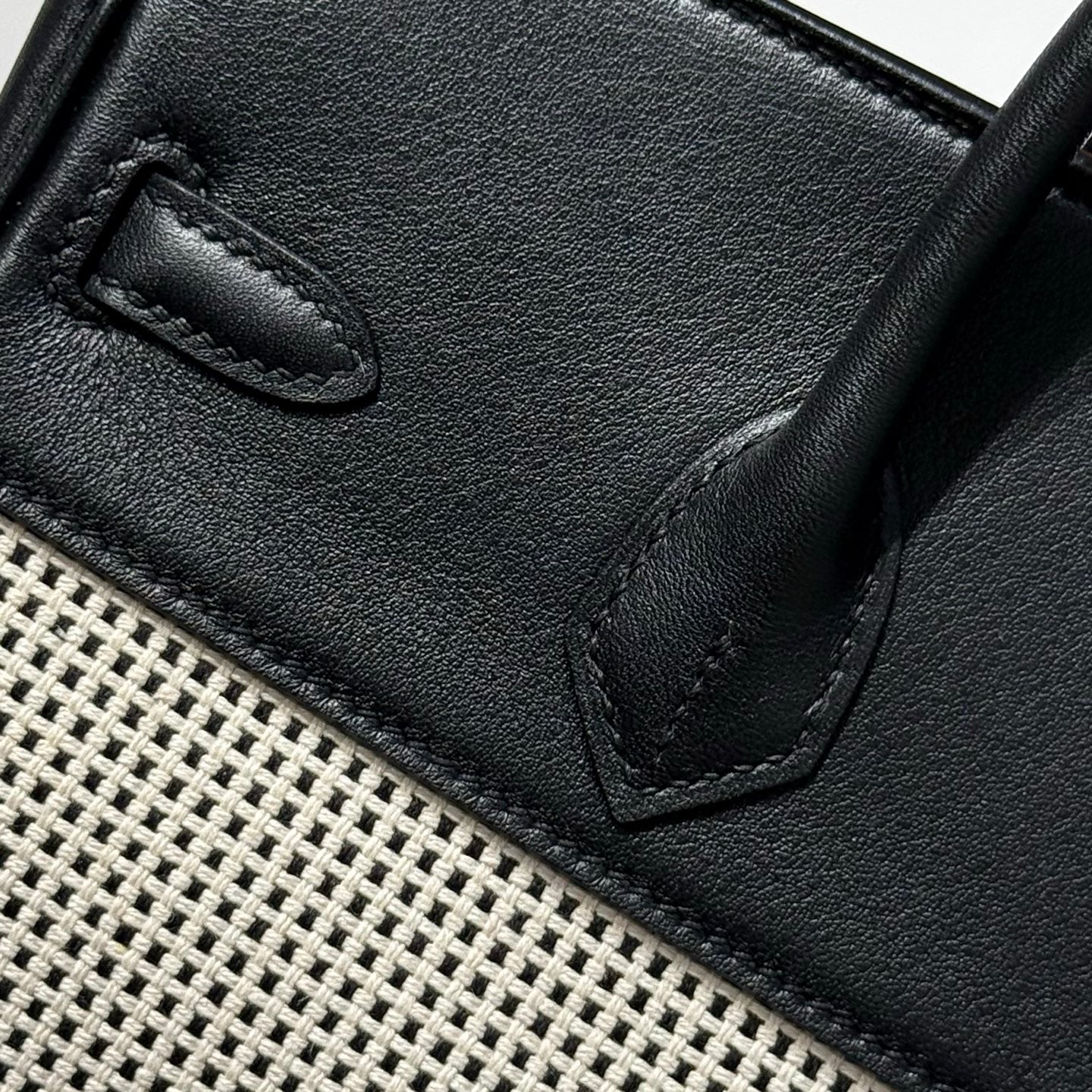 QUADRILLE BIRKIN 25CM IN BLACK SWIFT CALFSKIN WHITE BLACK PLAID TOILE CANVAS