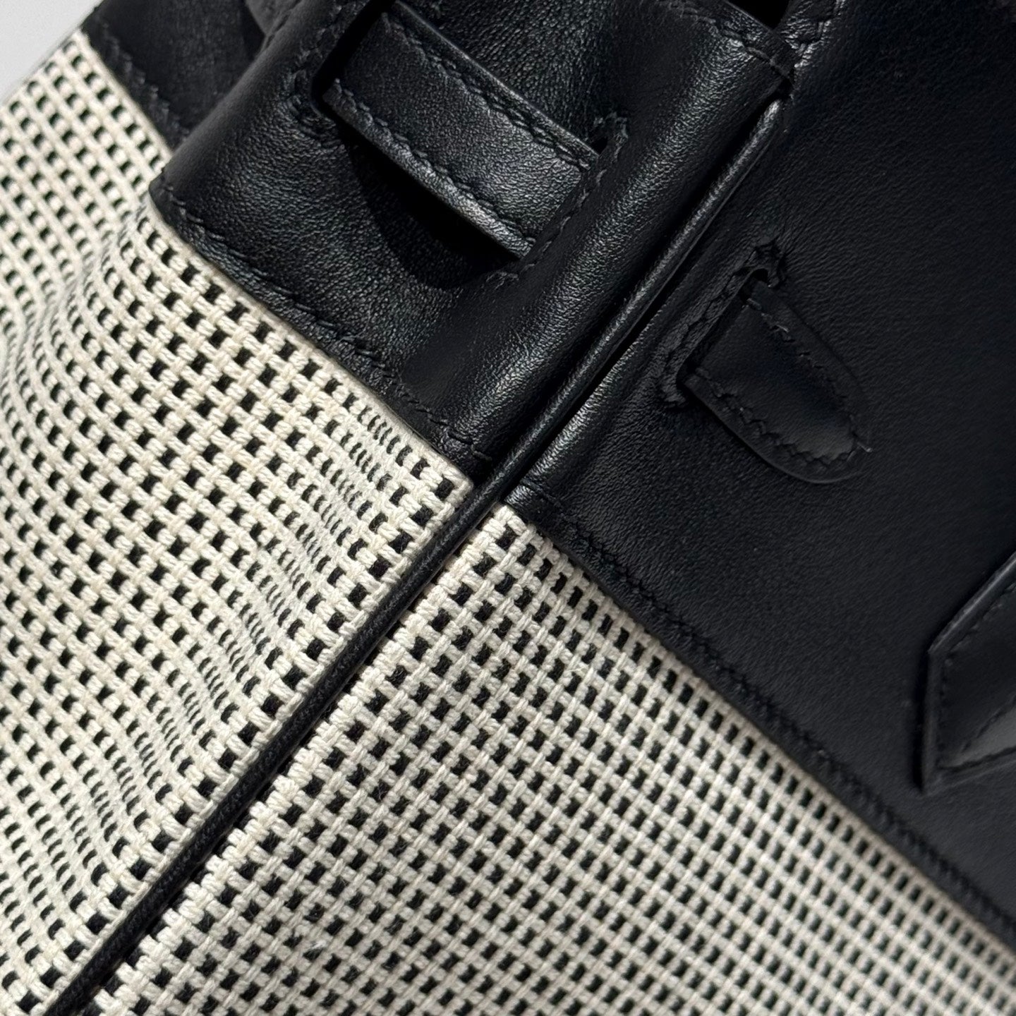 QUADRILLE BIRKIN 25CM IN BLACK SWIFT CALFSKIN WHITE BLACK PLAID TOILE CANVAS