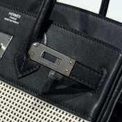 QUADRILLE BIRKIN 25CM IN BLACK SWIFT CALFSKIN WHITE BLACK PLAID TOILE CANVAS