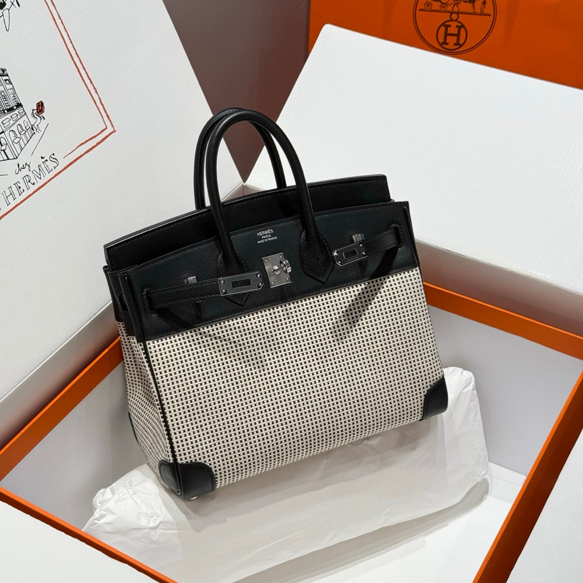 QUADRILLE BIRKIN 25CM IN BLACK SWIFT CALFSKIN WHITE BLACK PLAID TOILE CANVAS