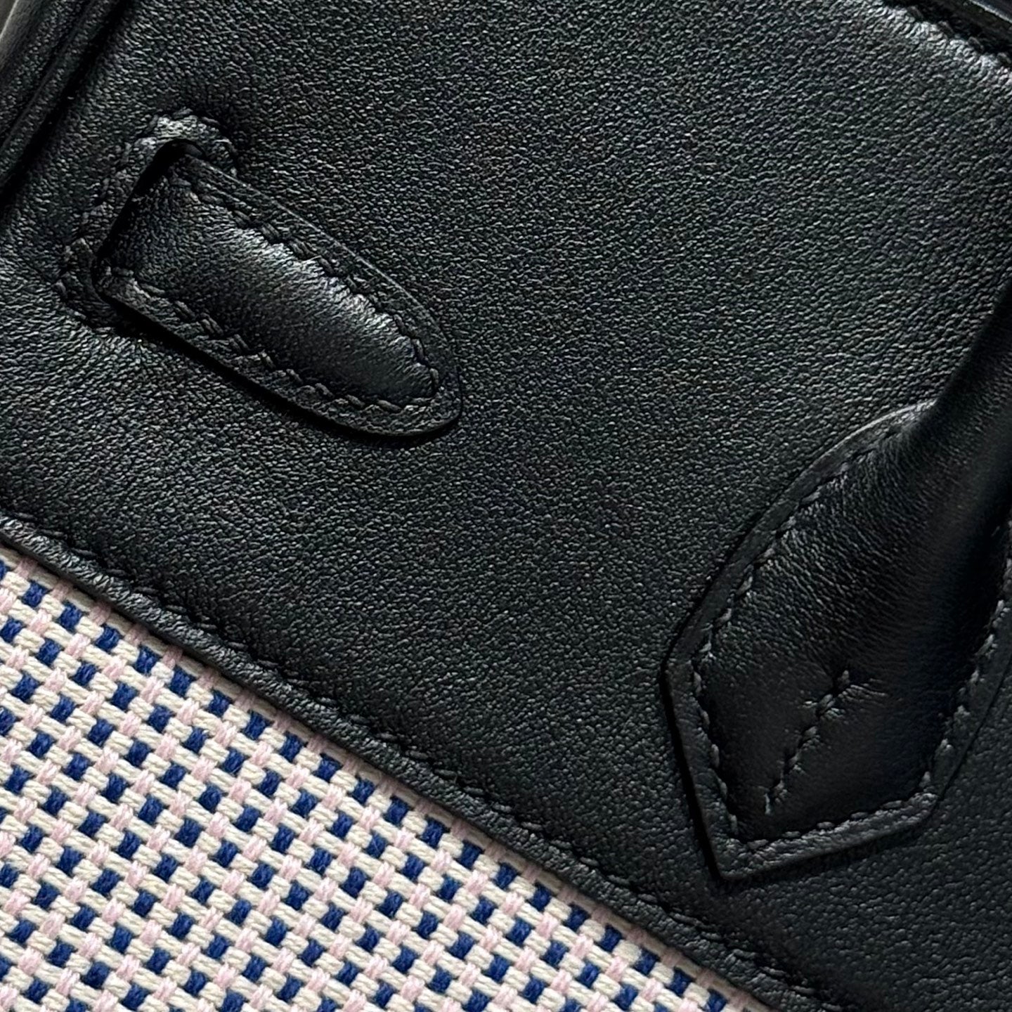 QUADRILLE BIRKIN 25CM IN BLACK SWIFT CALFSKIN WHITE BLUE PINK PLAID TOILE CANVAS