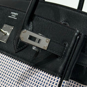 QUADRILLE BIRKIN 25CM IN BLACK SWIFT CALFSKIN WHITE BLUE PINK PLAID TOILE CANVAS