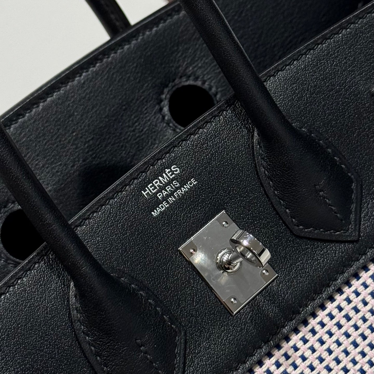 QUADRILLE BIRKIN 25CM IN BLACK SWIFT CALFSKIN WHITE BLUE PINK PLAID TOILE CANVAS