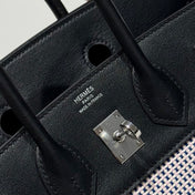 QUADRILLE BIRKIN 25CM IN BLACK SWIFT CALFSKIN WHITE BLUE PINK PLAID TOILE CANVAS