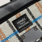 BIRKIN SHOULDER 29 IN BLACK CALFSKIN ÉCRU/NOIR/FAUVE/NOIR/BLEU ZANZIBAR EMBROIDERY PLAID CANVAS