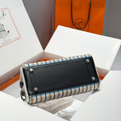 BIRKIN SHOULDER 29 IN BLACK CALFSKIN ÉCRU/NOIR/FAUVE/NOIR/BLEU ZANZIBAR EMBROIDERY PLAID CANVAS