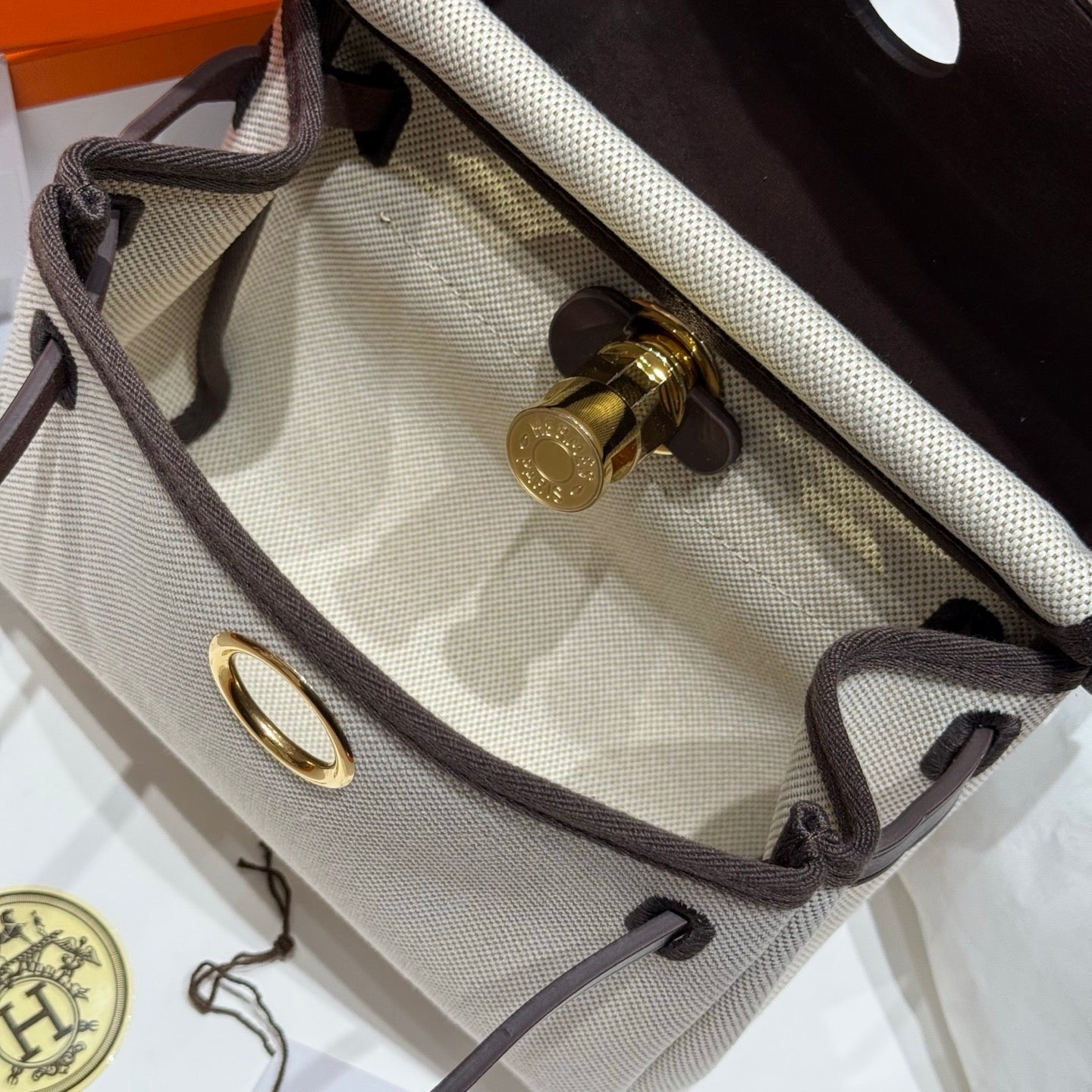 HERMES 25S MINI HERBAG 20 IN OFF WHITE AND BLACK CANVAS GOLD HARDWARE